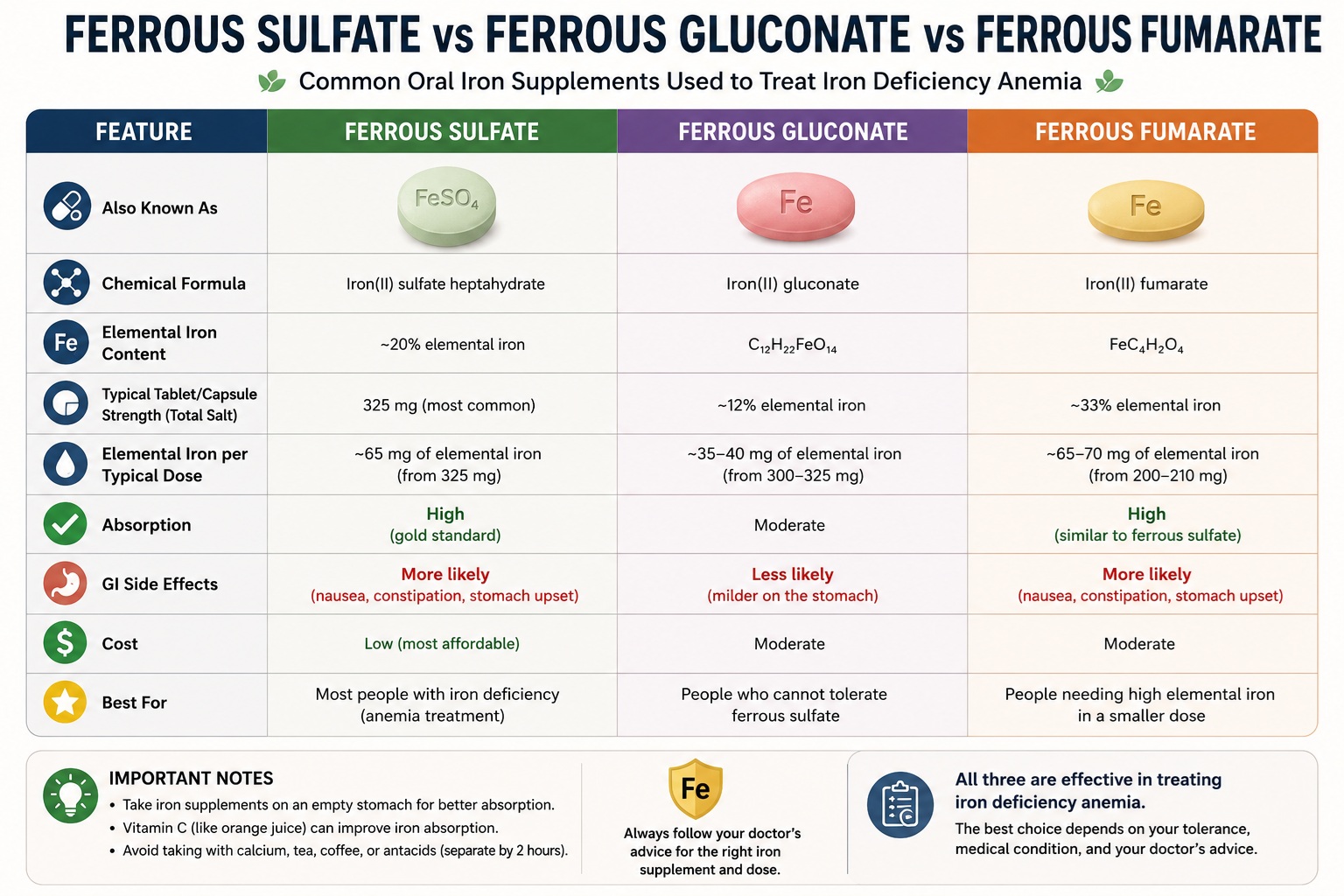 Ferrous Sulfate vs Ferrous Gluconate vs Ferrous Fumarate Comparison Chart
